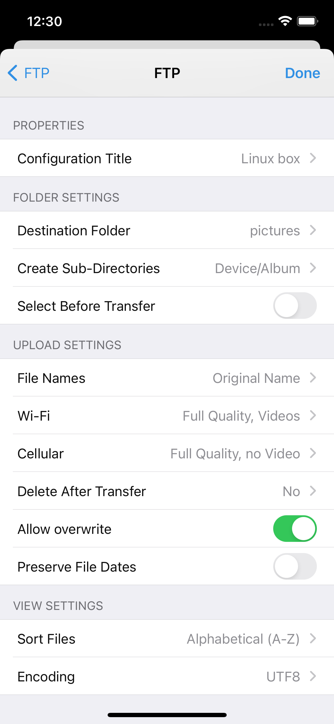 FTP settings with destination folder selection