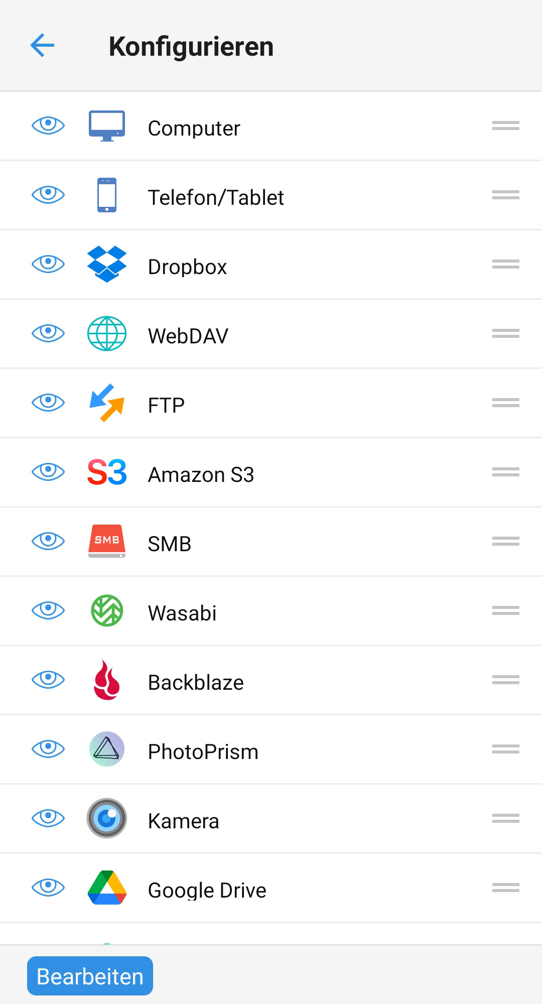 Geänderte Reihenfolge der Übertragungsziele in PhotoSync für Android