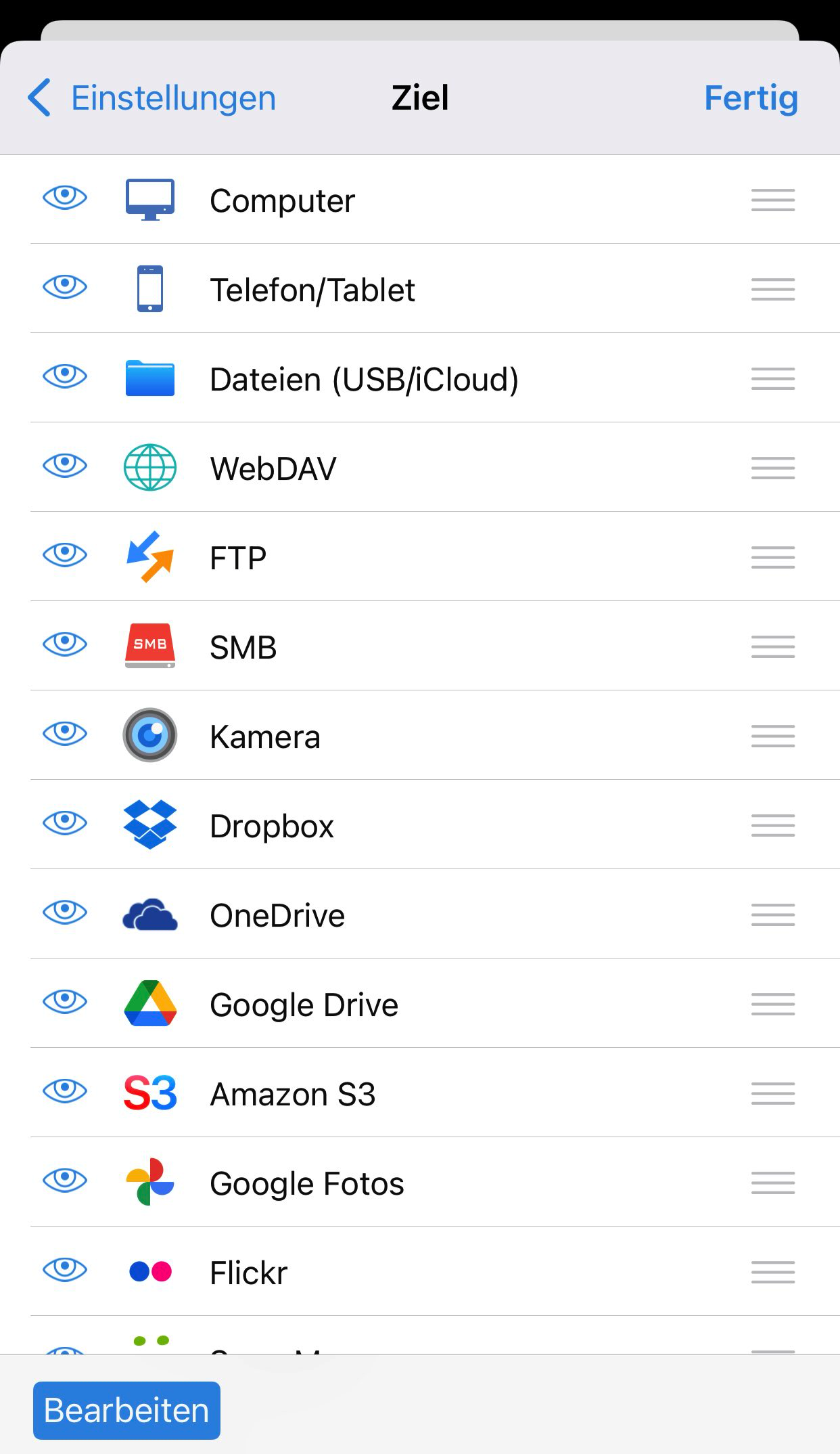 Geänderte Reihenfolge der Übertragungsziele in PhotoSync für iOS