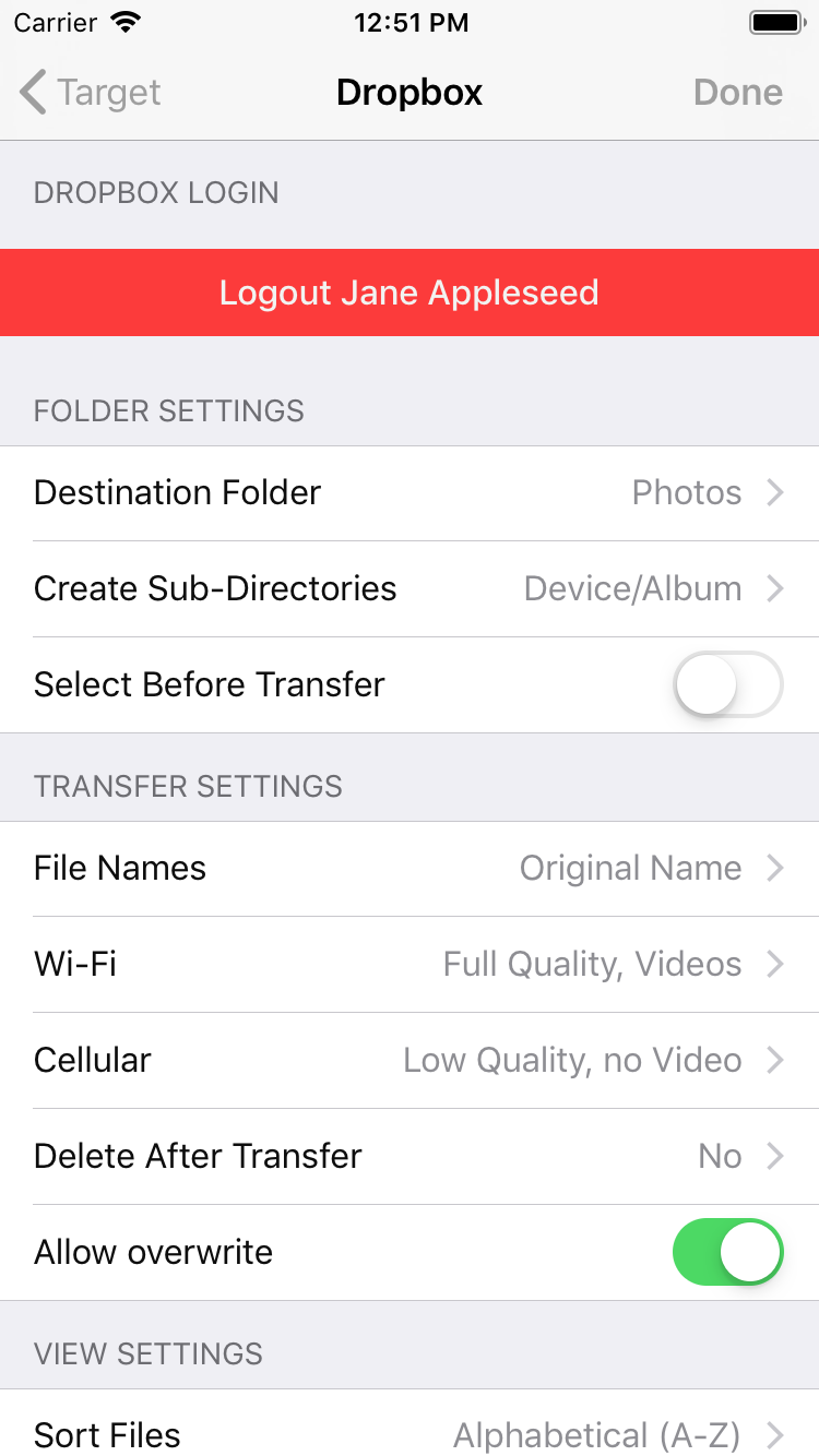 Dropbox settings with destination folder selection