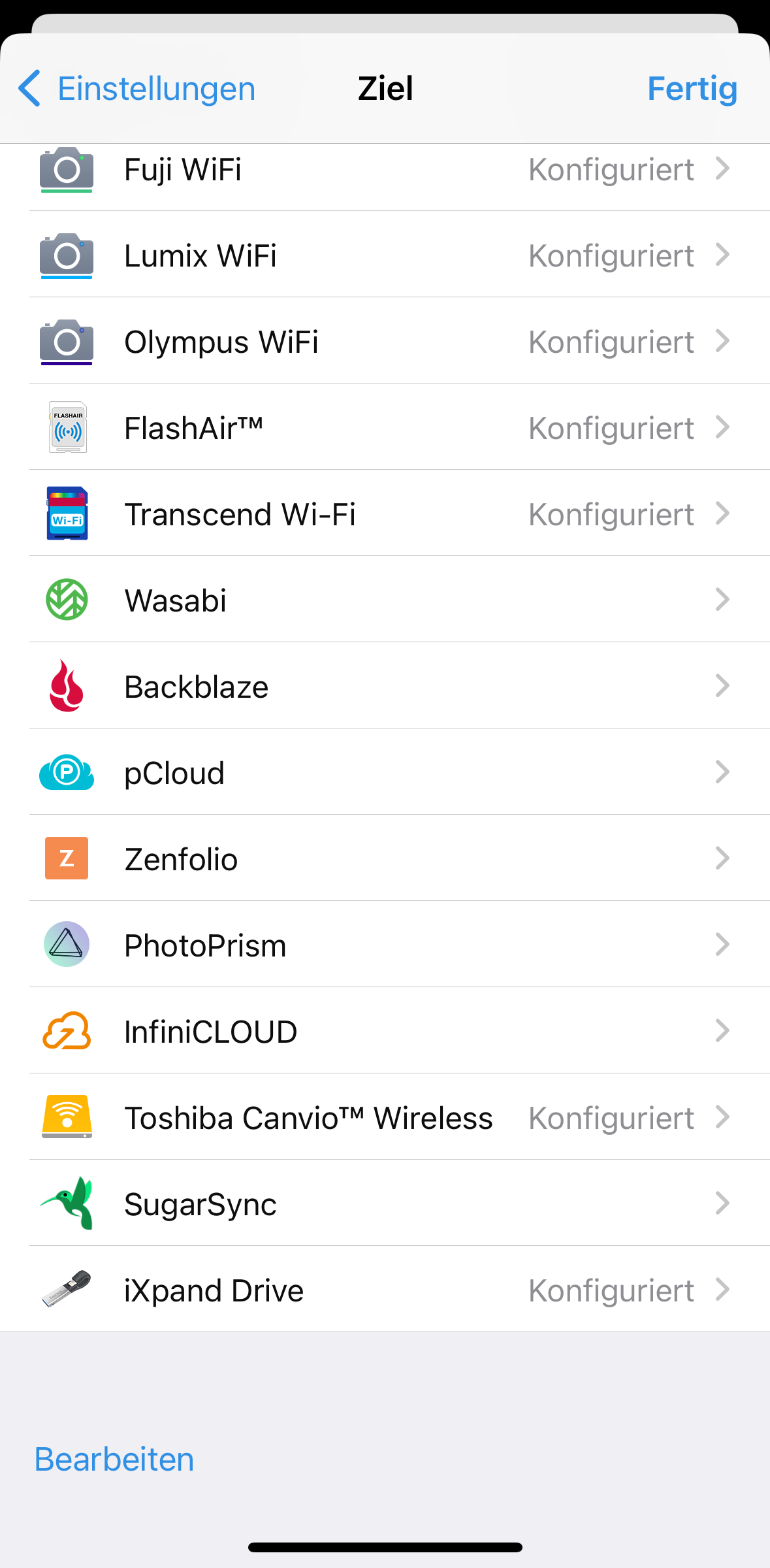 pCloud in der Liste der Übertragungsziele