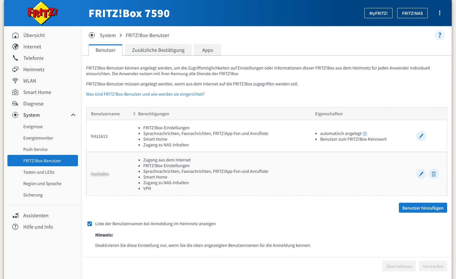 FRITZ!Box user settings