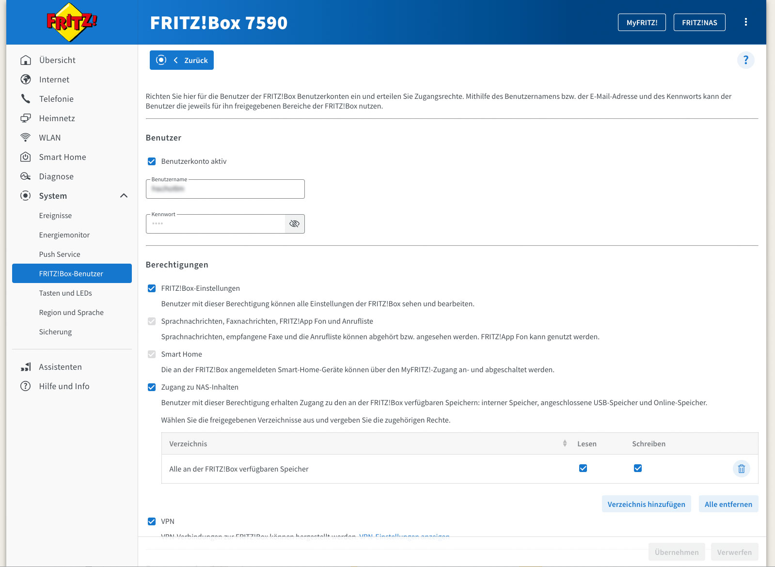 FRITZ!Box user configuration