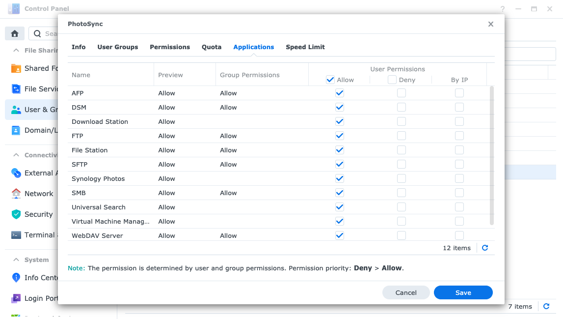 Synology User Application Permissions