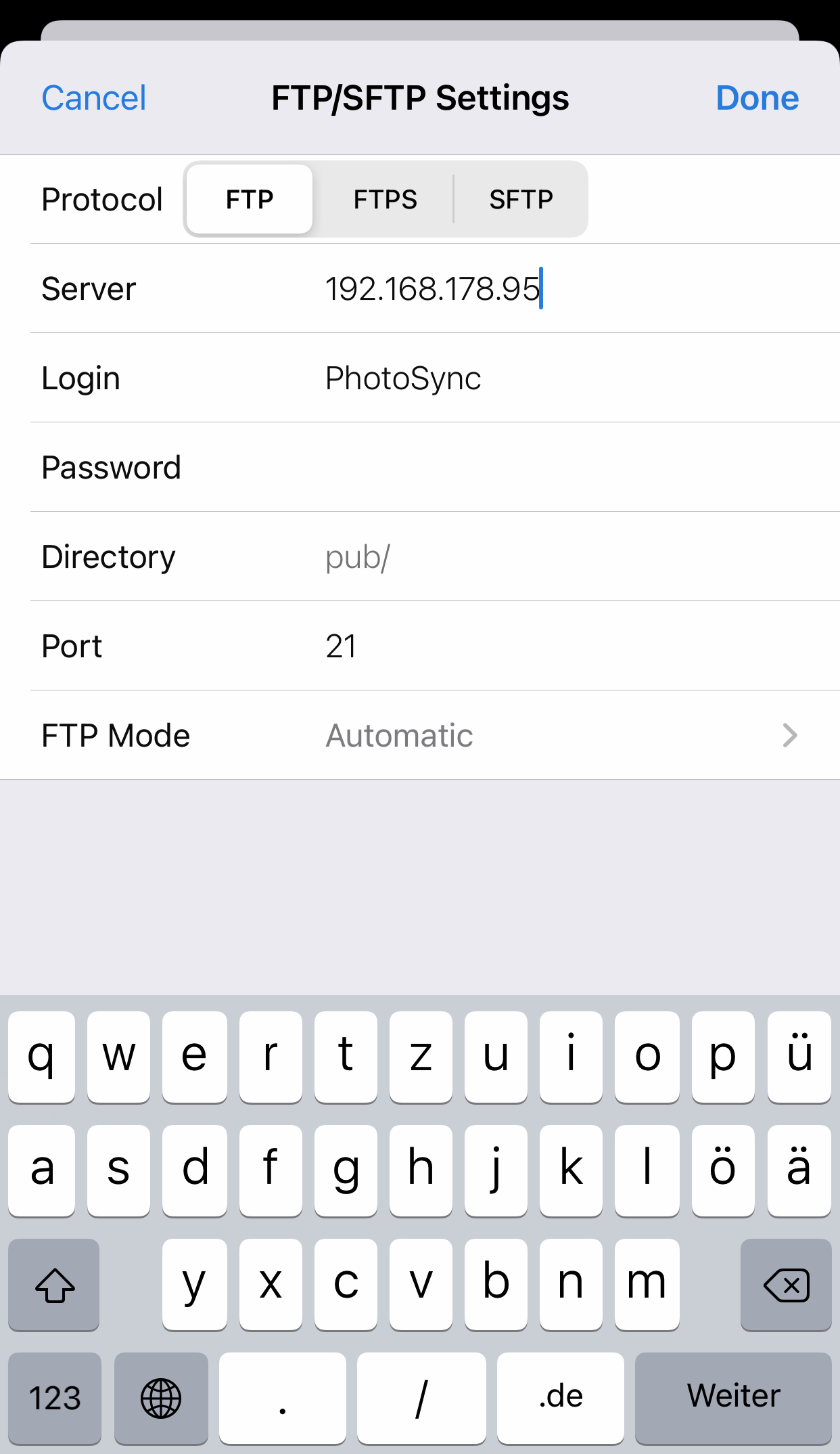 Synology NAS FTP settings in PhotoSync