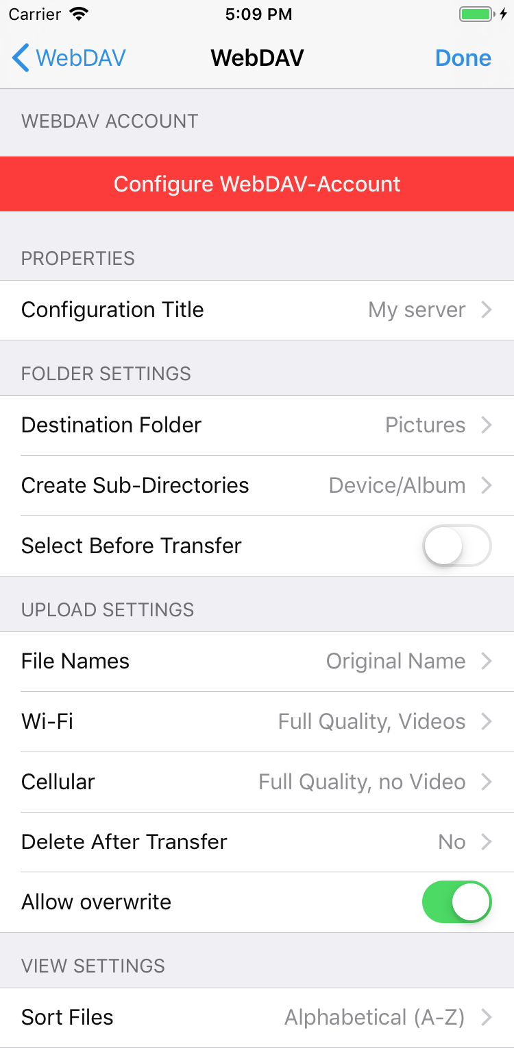 WebDAV settings with destination folder selection