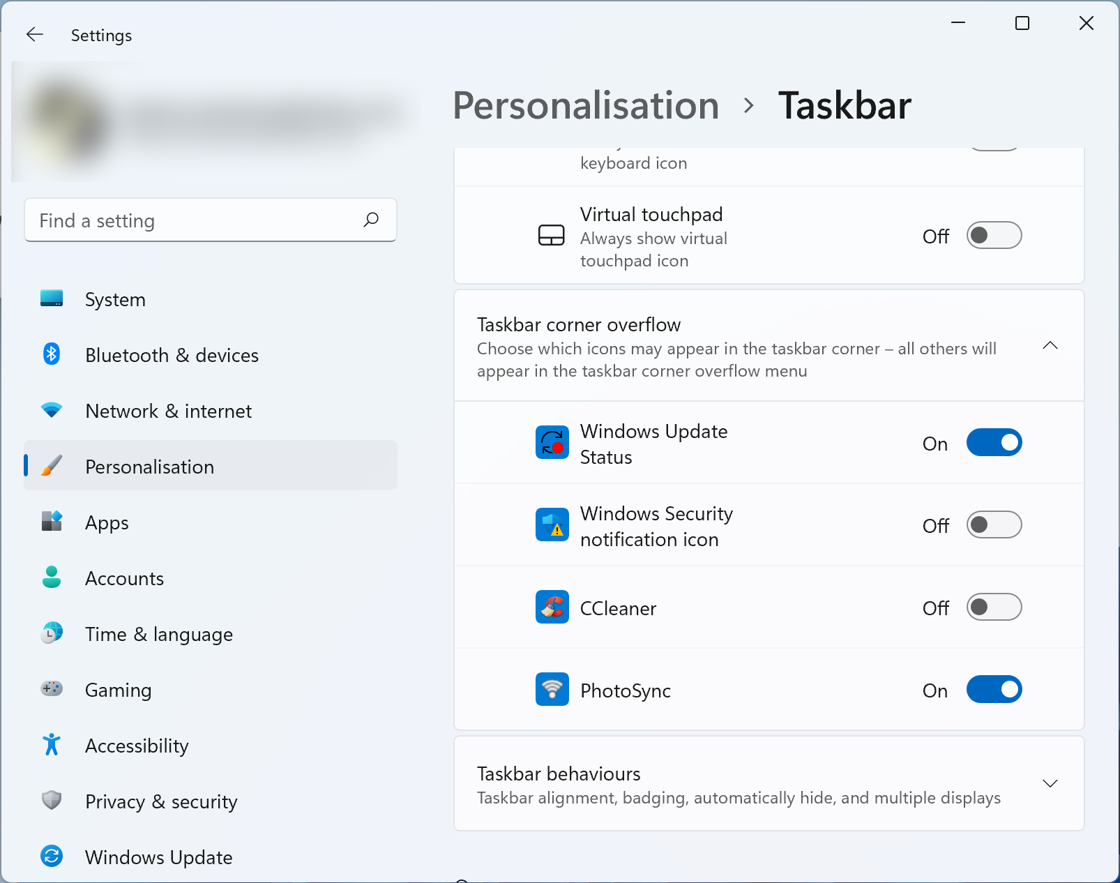 Taskbar Personalisation Windows settings