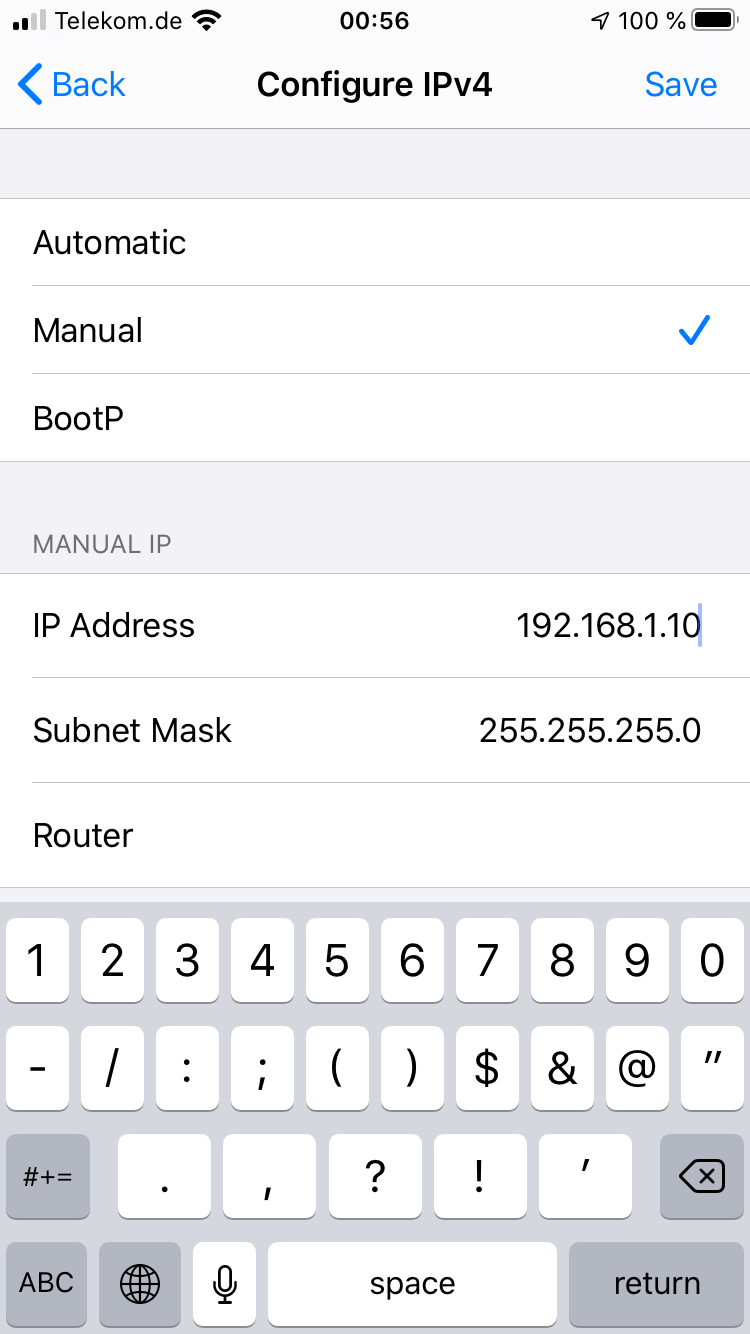 Manual IP configuration