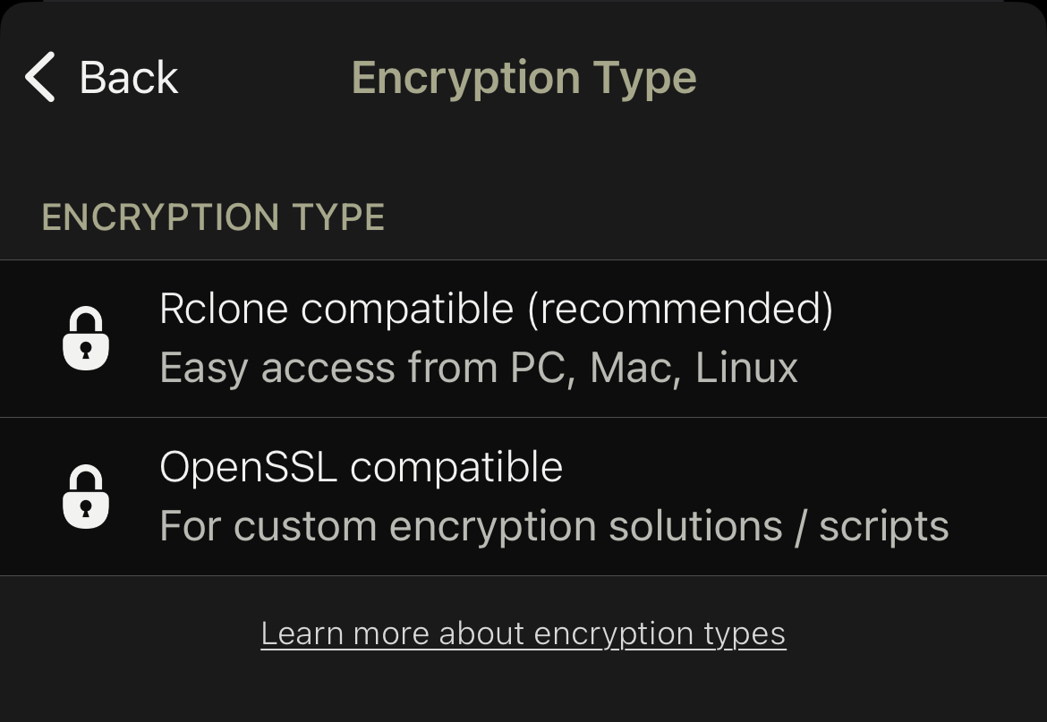 Encryption Type selection
