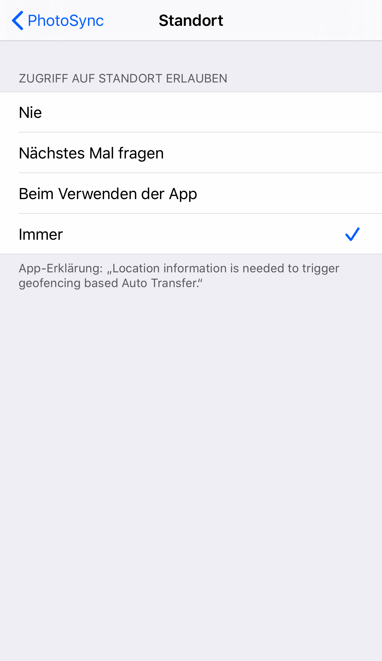 iOS-Einstellungen für die Standortabfrage von PhotoSync