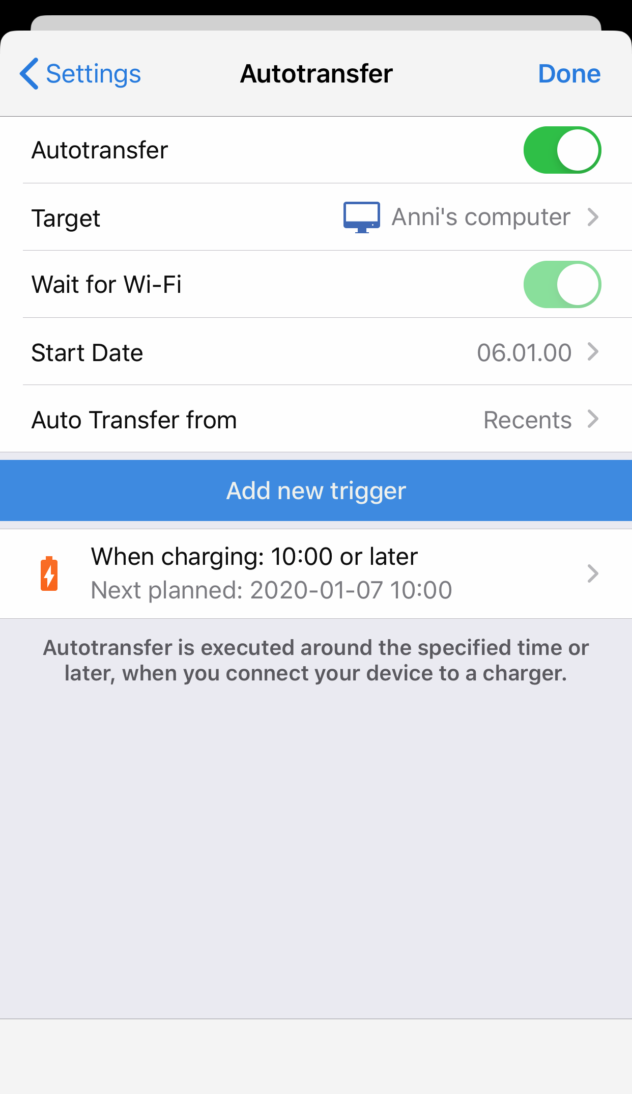 Autotransfer charging trigger for 10am