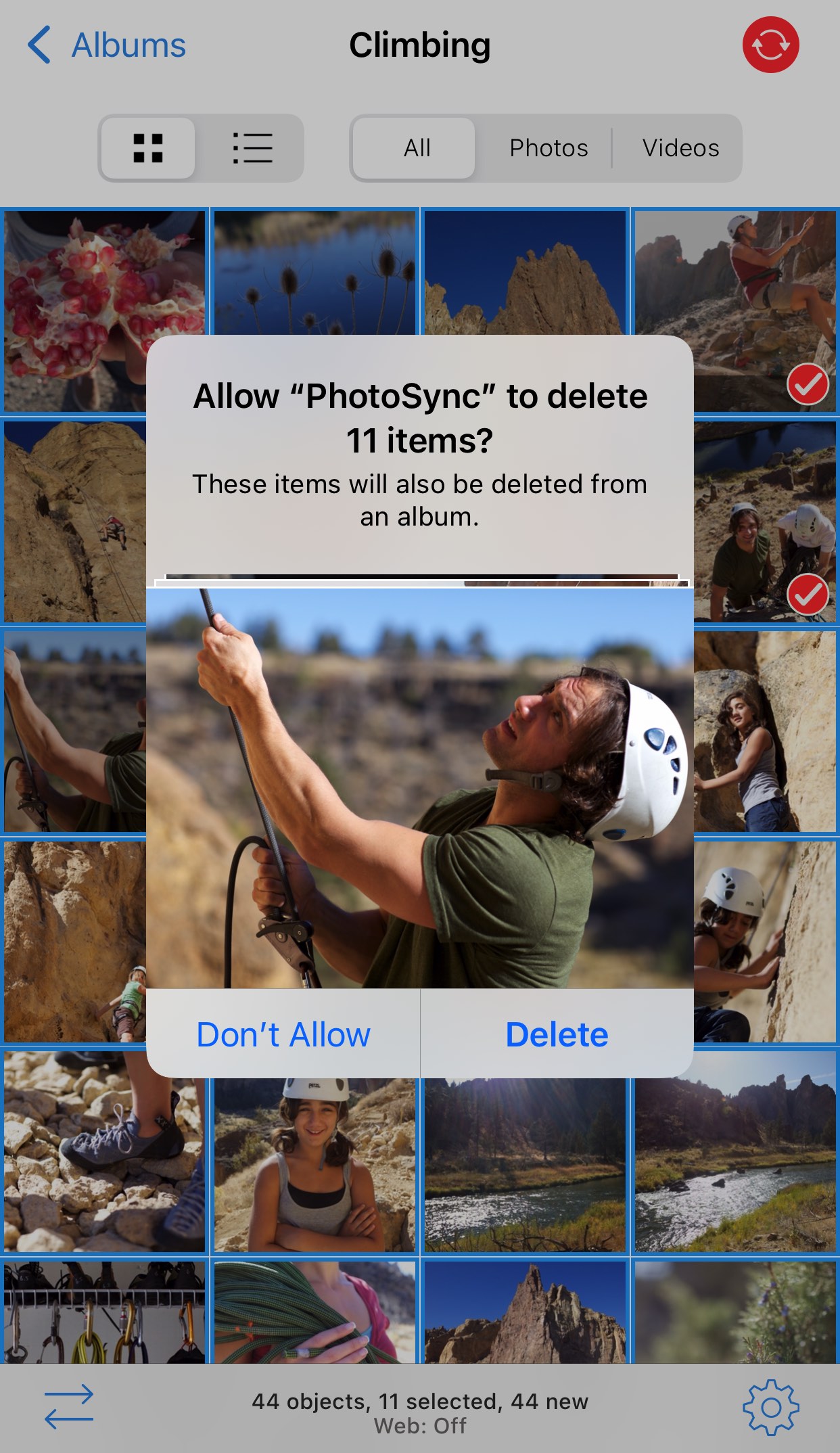 Confirmation prompt to delete selected photos