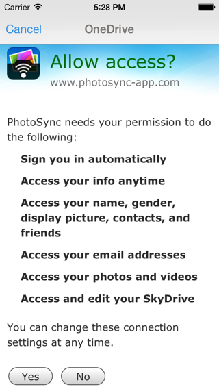 OneDrive authentication website - Permission settings