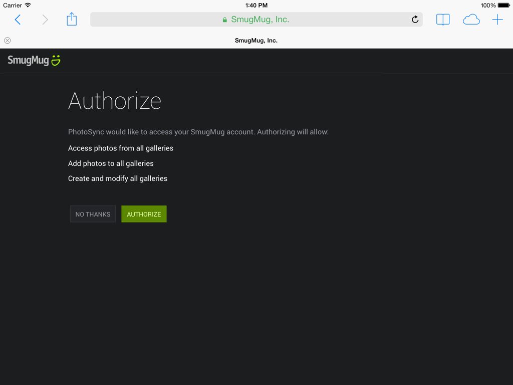SmugMug authentication website - Permission settings