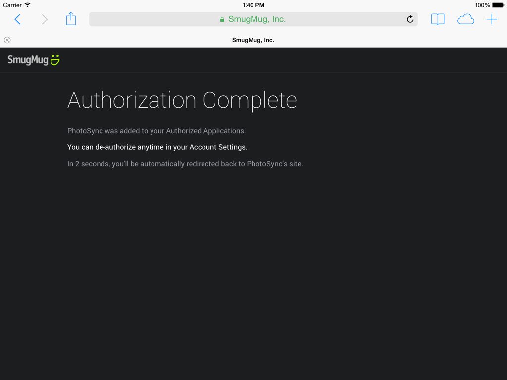 SmugMug authentication website - Authorization Complete